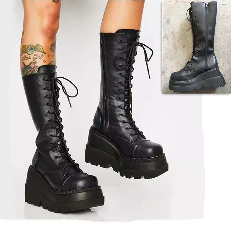 Guipure Lace Panel - Punk Kadın Platform Çizmeler Elastik Mikrofiber