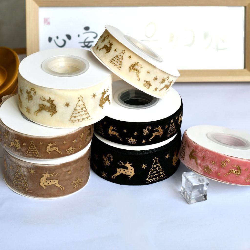 Velvet Ribbon Roll - 5 Yard/Rulo 2.5cm Noel Altın Folyo