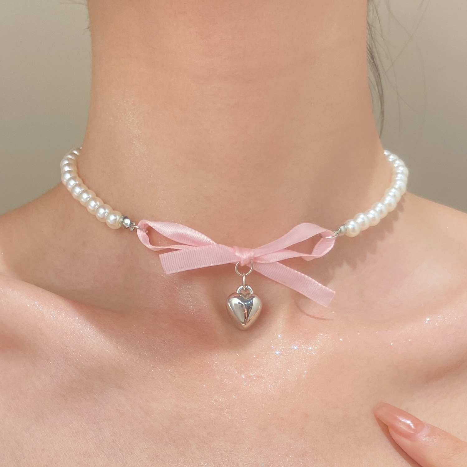 Pearl Trim Chain - Fransız romantik pembe ilmek kalp kolye